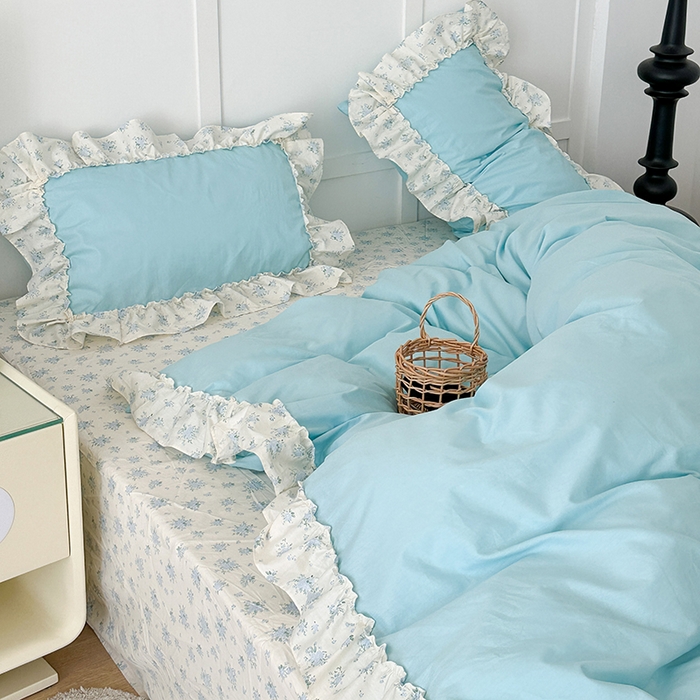 91家纺网 家纺一手货源 找家纺 昔可家纺 2024新款纯色碎花花边全棉小清新四件套 海蓝玫瑰