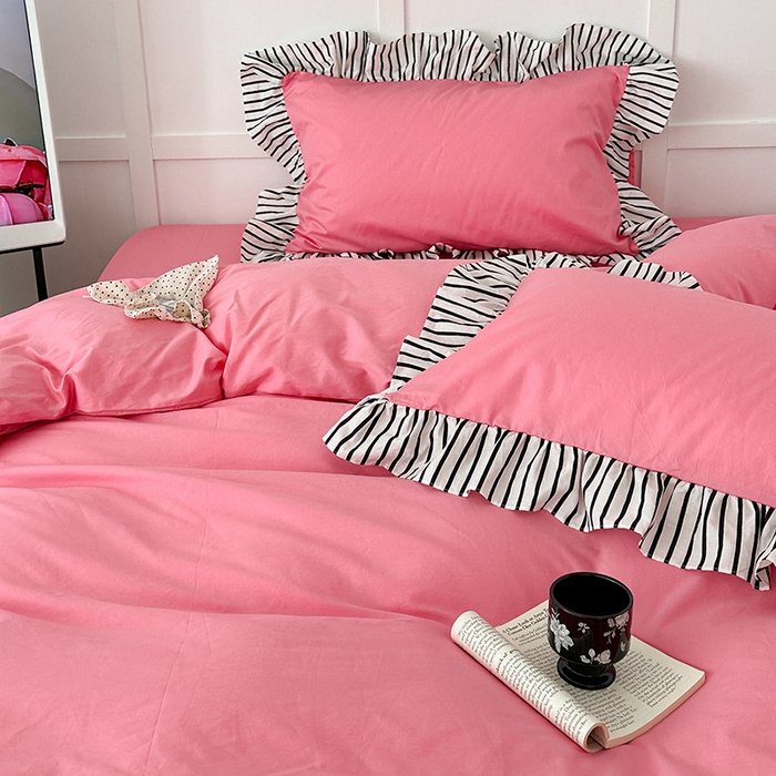 91家纺网 家纺一手货源 找家纺 昔可家纺 2024新款纯色亲肤条纹花边四件套 千禧黑条