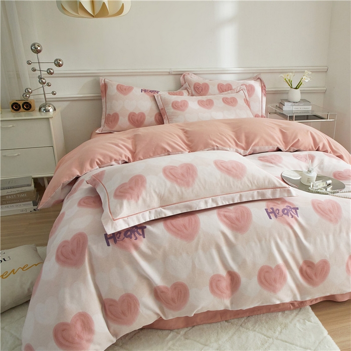 91家纺网 家纺一手货源 找家纺 沐白家居 2024新款全棉生态磨毛印花四件套系列 心心相印-粉