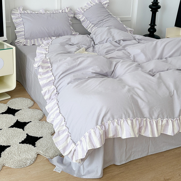 91家纺网 家纺一手货源 找家纺 昔可家纺 2024新款贴边纯色条纹四件套系列 柔雾紫条