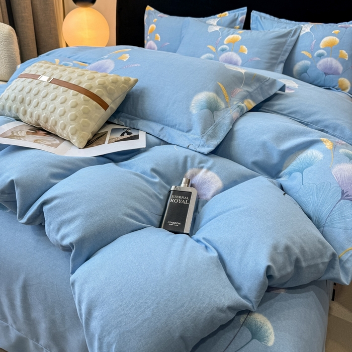 91家纺网 家纺一手货源 找家纺 昊翔家纺 2024新款全棉磨毛印花四件套 舒叶-蓝