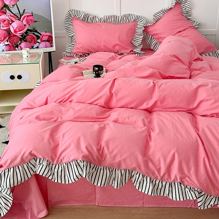 昔可家纺 2024新款纯色亲肤条纹花边四件套 千禧黑条