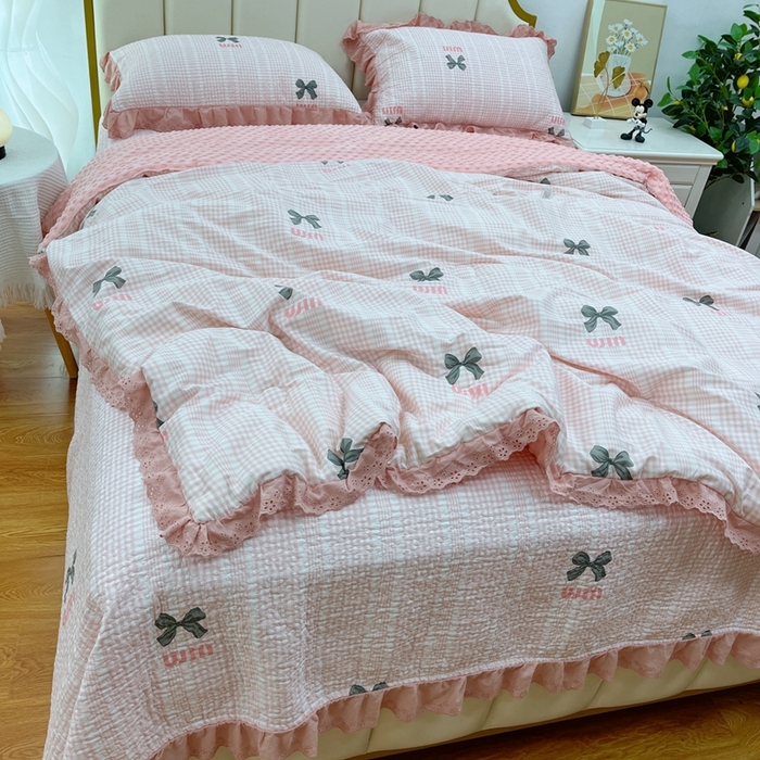 91家纺网 家纺一手货源 找家纺 暖居 2024新款豆豆被四件套棉花床盖三件套四季通用 蝴蝶结粉