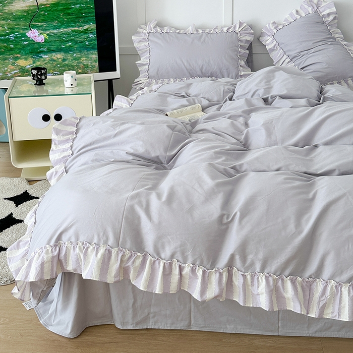 91家纺网 家纺一手货源 找家纺 昔可家纺 2024新款贴边纯色条纹四件套系列 柔雾紫条