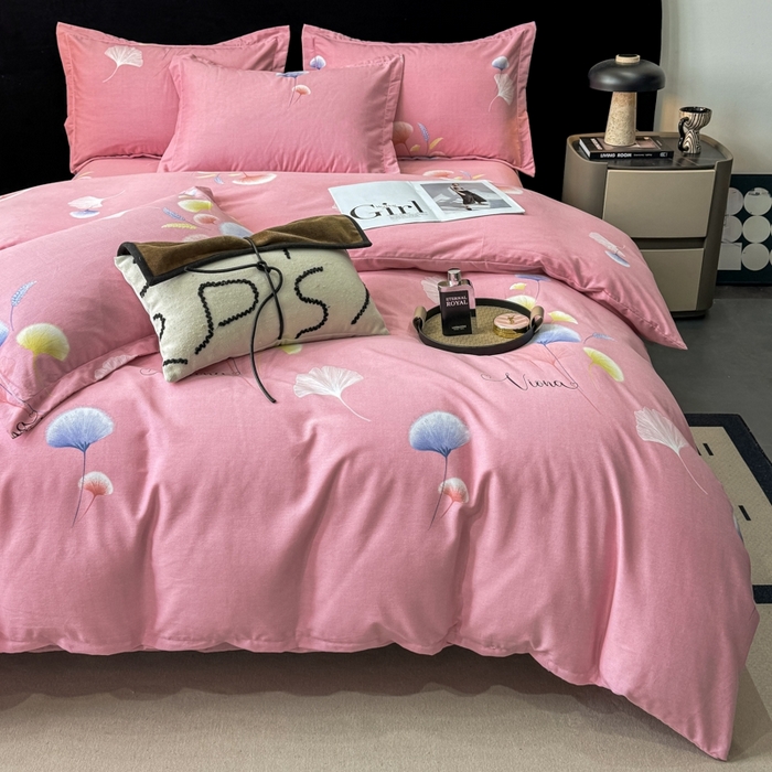 91家纺网 家纺一手货源 找家纺 昊翔家纺 2024新款全棉磨毛印花四件套 舒叶-粉