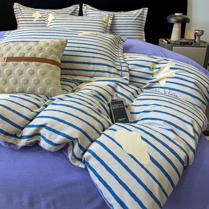 91家纺网 家纺一手货源 找家纺 昊翔家纺 2024新款全棉磨毛印花四件套 小云朵-咖