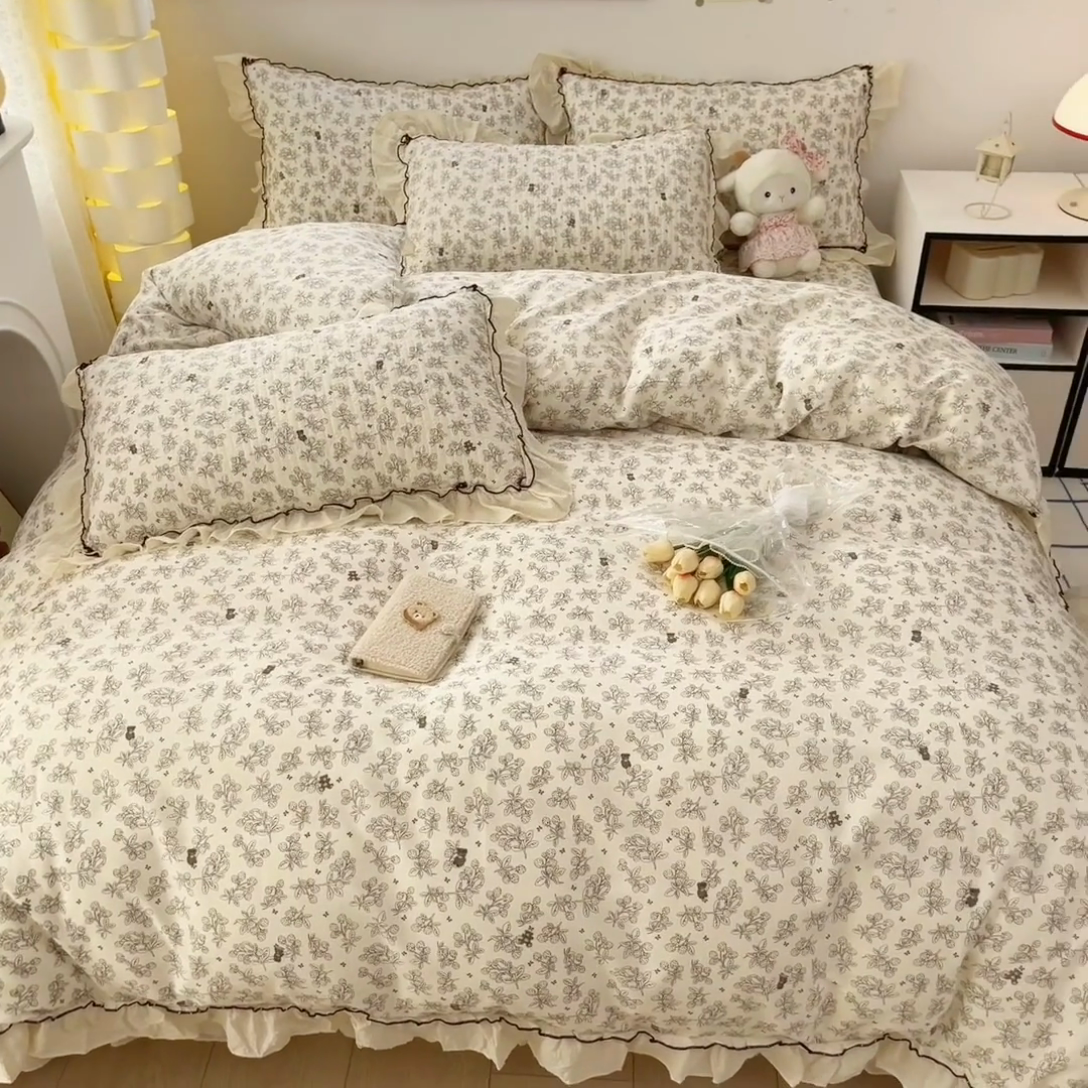 91家纺网 家纺一手货源 找家纺 暖居 2024新款韩系全棉高温砂洗棉花床盖被套四件套纯棉床盖三件套 月澜