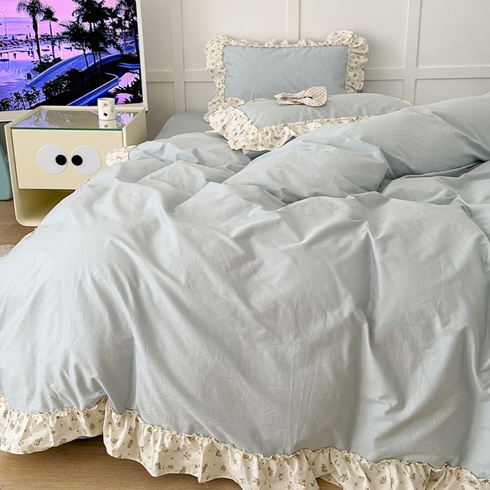 91家纺网 家纺一手货源 找家纺 昔可家纺 2024新款纯色碎花花边全棉小清新四件套 琉璃幽兰