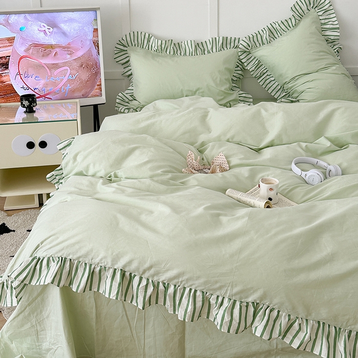 91家纺网 家纺一手货源 找家纺 （总）昔可家纺 2024新款纯色亲肤条纹花边四件套