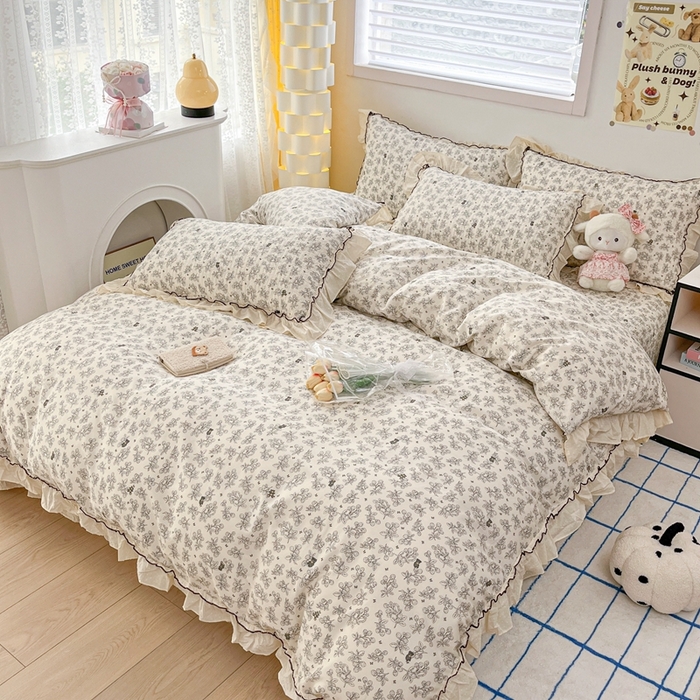 91家纺网 家纺一手货源 找家纺 暖居 2024新款韩系全棉高温砂洗棉花床盖被套四件套纯棉床盖三件套 月澜