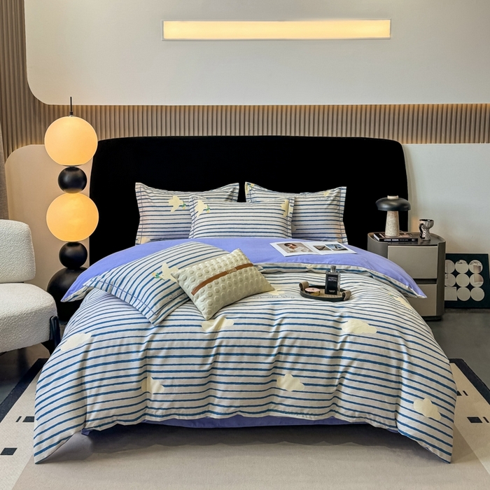 91家纺网 家纺一手货源 找家纺 昊翔家纺 2024新款全棉磨毛印花四件套 小云朵-咖