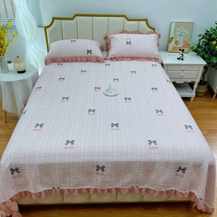 91家纺网 家纺一手货源 找家纺 暖居 2024新款豆豆被四件套棉花床盖三件套四季通用 蝴蝶结粉