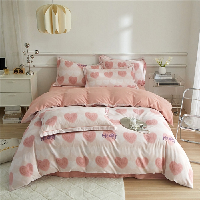 91家纺网 家纺一手货源 找家纺 沐白家居 2024新款全棉生态磨毛印花四件套系列 心心相印-粉