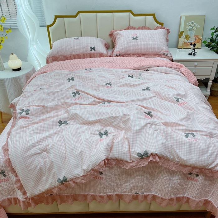 91家纺网 家纺一手货源 找家纺 暖居 2024新款豆豆被四件套棉花床盖三件套四季通用 蝴蝶结粉