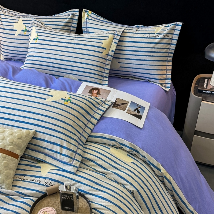 91家纺网 家纺一手货源 找家纺 昊翔家纺 2024新款全棉磨毛印花四件套 小云朵-咖