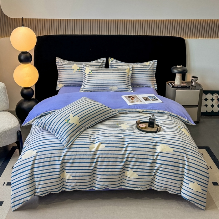 91家纺网 家纺一手货源 找家纺 昊翔家纺 2024新款全棉磨毛印花四件套 小云朵-咖