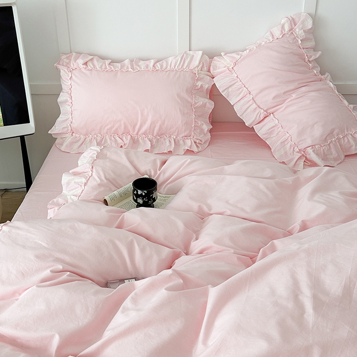 91家纺网 家纺一手货源 找家纺 昔可家纺 2024新款贴边纯色条纹四件套系列 芭蕾粉条