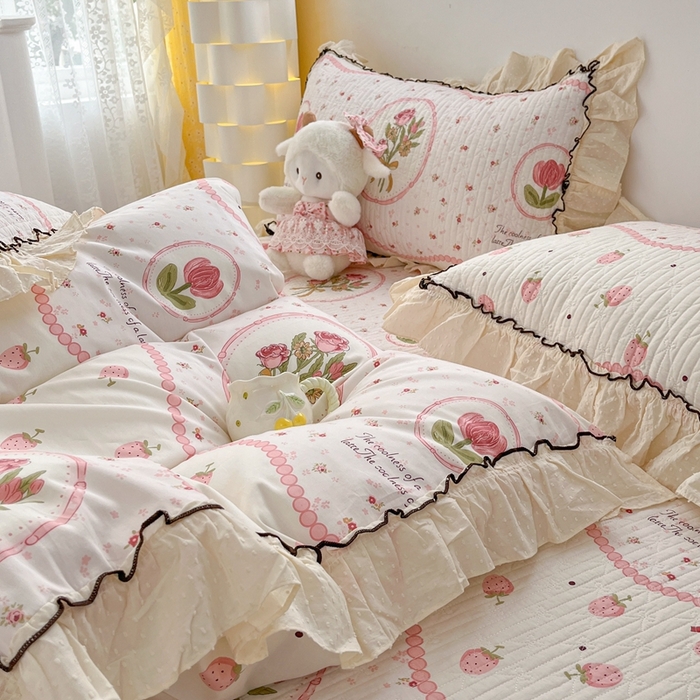 91家纺网 家纺一手货源 找家纺 暖居 2024新款韩系全棉高温砂洗棉花床盖被套四件套纯棉床盖三件套 手捧花