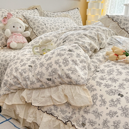 91家纺网 家纺一手货源 找家纺 暖居 2024新款韩系全棉高温砂洗棉花床盖被套四件套纯棉床盖三件套 月澜