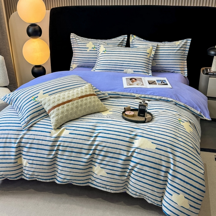 91家纺网 家纺一手货源 找家纺 昊翔家纺 2024新款全棉磨毛印花四件套 小云朵-咖