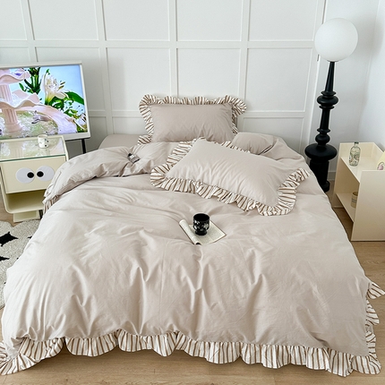 昔可家纺 2024新款纯色亲肤条纹花边四件套 奶咖条