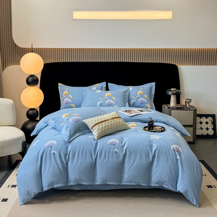 91家纺网 家纺一手货源 找家纺 昊翔家纺 2024新款全棉磨毛印花四件套 舒叶-蓝