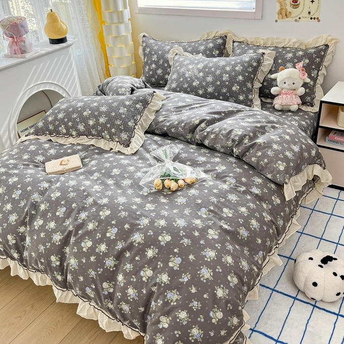 91家纺网 家纺一手货源 找家纺 暖居 2024新款韩系全棉高温砂洗棉花床盖被套四件套纯棉床盖三件套 晚介