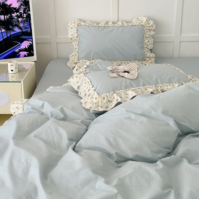 91家纺网 家纺一手货源 找家纺 昔可家纺 2024新款纯色碎花花边全棉小清新四件套 琉璃幽兰