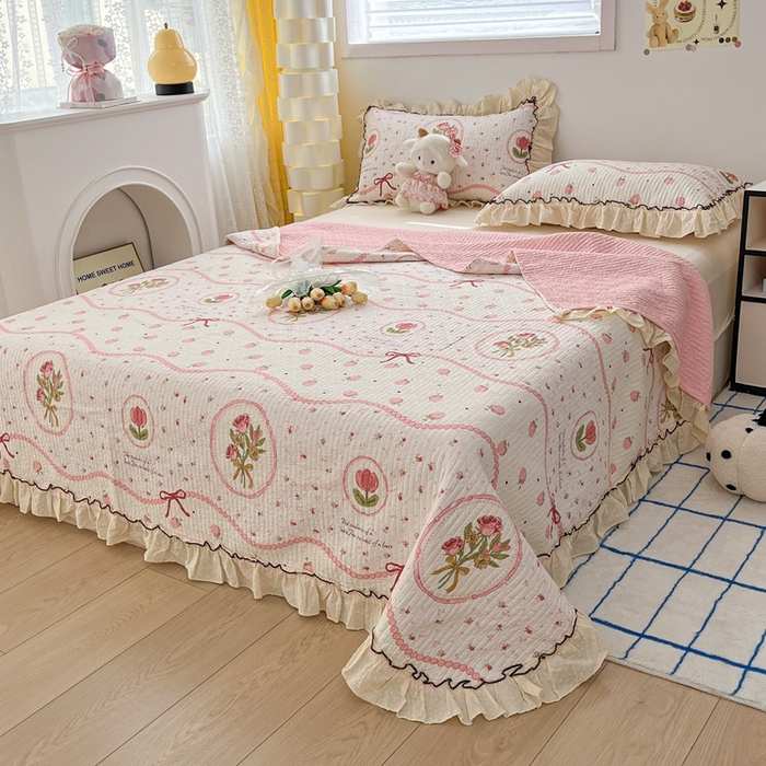 91家纺网 家纺一手货源 找家纺 暖居 2024新款韩系全棉高温砂洗棉花床盖被套四件套纯棉床盖三件套 手捧花