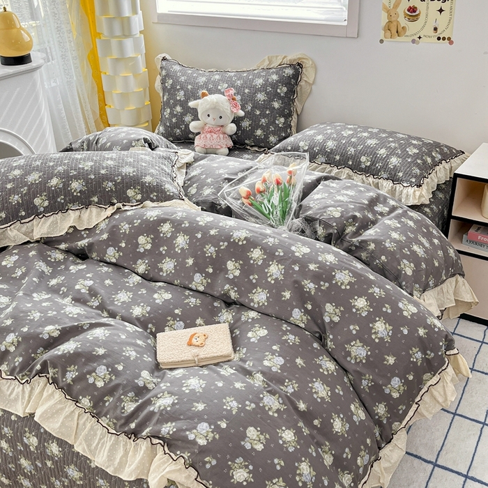 91家纺网 家纺一手货源 找家纺 暖居 2024新款韩系全棉高温砂洗棉花床盖被套四件套纯棉床盖三件套 晚介