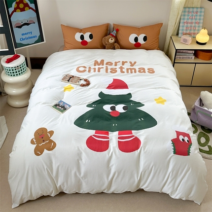 91家纺网 家纺一手货源 找家纺 美乐迪家纺 2024新款全棉卡通大版印花四件套 圣诞树