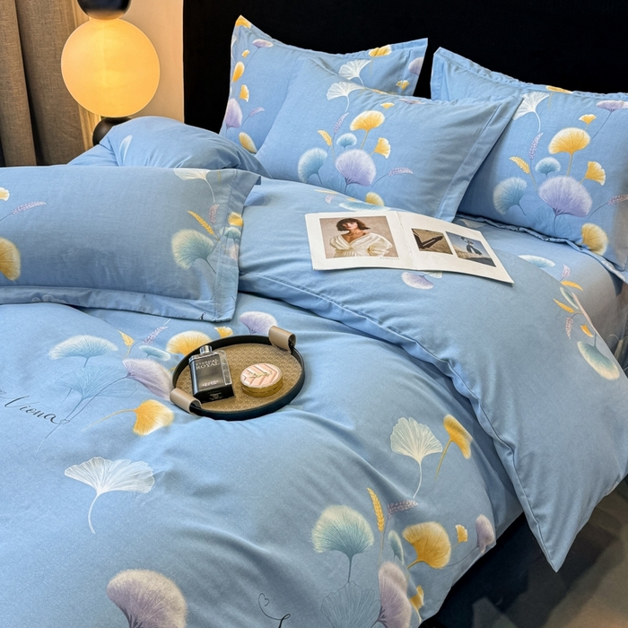 91家纺网 家纺一手货源 找家纺 昊翔家纺 2024新款全棉磨毛印花四件套 舒叶-蓝