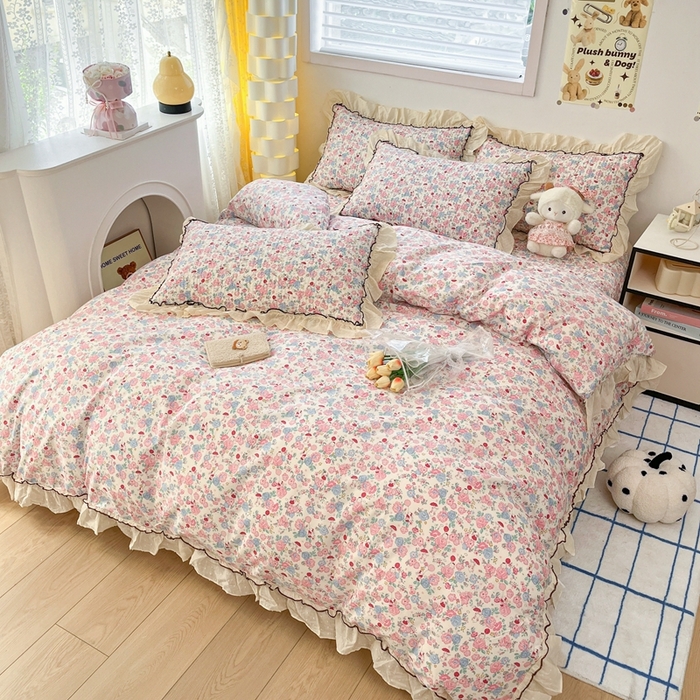 91家纺网 家纺一手货源 找家纺 暖居 2024新款韩系全棉高温砂洗棉花床盖被套四件套纯棉床盖三件套 草莓兔子