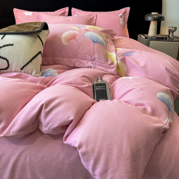 91家纺网 家纺一手货源 找家纺 昊翔家纺 2024新款全棉磨毛印花四件套 舒叶-粉