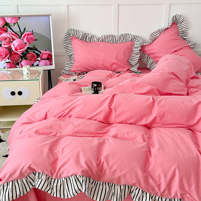 91家纺网 家纺一手货源 找家纺 昔可家纺 2024新款纯色亲肤条纹花边四件套 千禧黑条