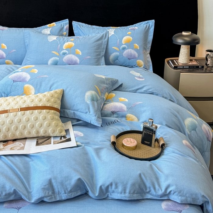 91家纺网 家纺一手货源 找家纺 昊翔家纺 2024新款全棉磨毛印花四件套 舒叶-蓝