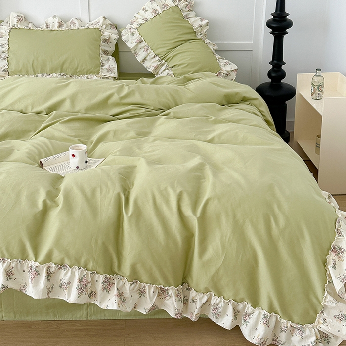 91家纺网 家纺一手货源 找家纺 昔可家纺 2024新款纯色碎花花边全棉小清新四件套 清茶曼波