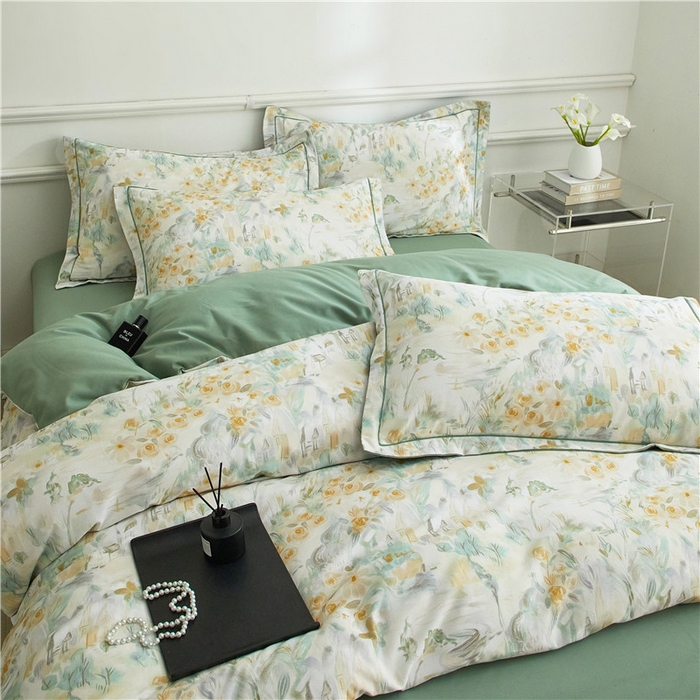 91家纺网 家纺一手货源 找家纺 沐白家居 2024新款全棉生态磨毛印花四件套系列 半亩花田-绿