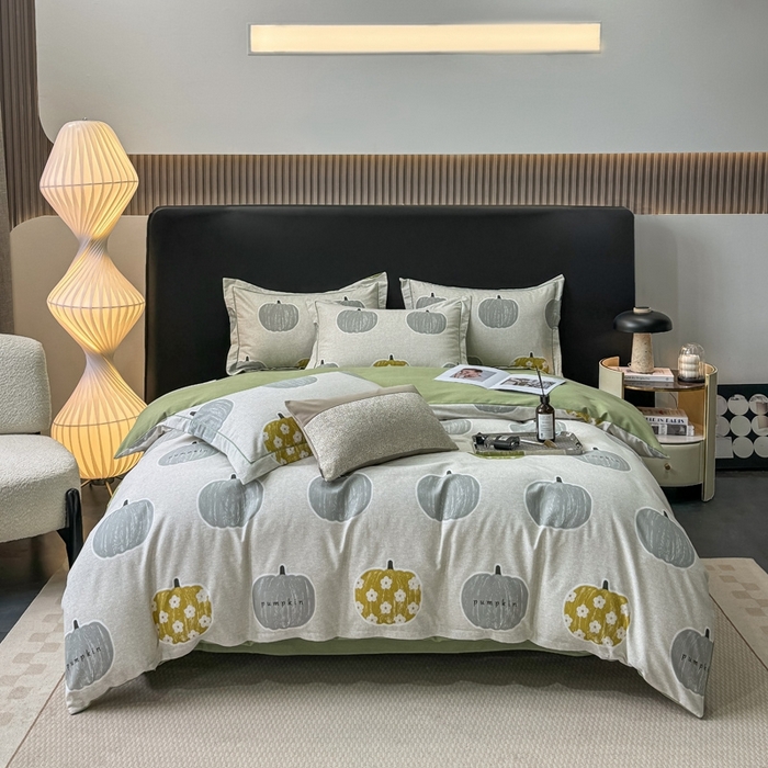 91家纺网 家纺一手货源 找家纺 昊翔家纺 2024新款全棉磨毛印花四件套 小香果-灰