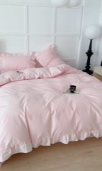 91家纺网 家纺一手货源 找家纺 昔可家纺 2024新款贴边纯色条纹四件套系列 芭蕾粉条