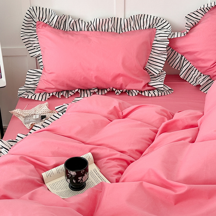 91家纺网 家纺一手货源 找家纺 昔可家纺 2024新款纯色亲肤条纹花边四件套 千禧黑条