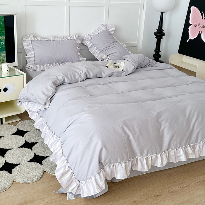 91家纺网 家纺一手货源 找家纺 昔可家纺 2024新款贴边纯色条纹四件套系列 柔雾紫条