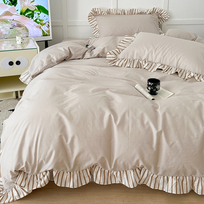 91家纺网 家纺一手货源 找家纺 昔可家纺 2024新款纯色亲肤条纹花边四件套 奶咖条