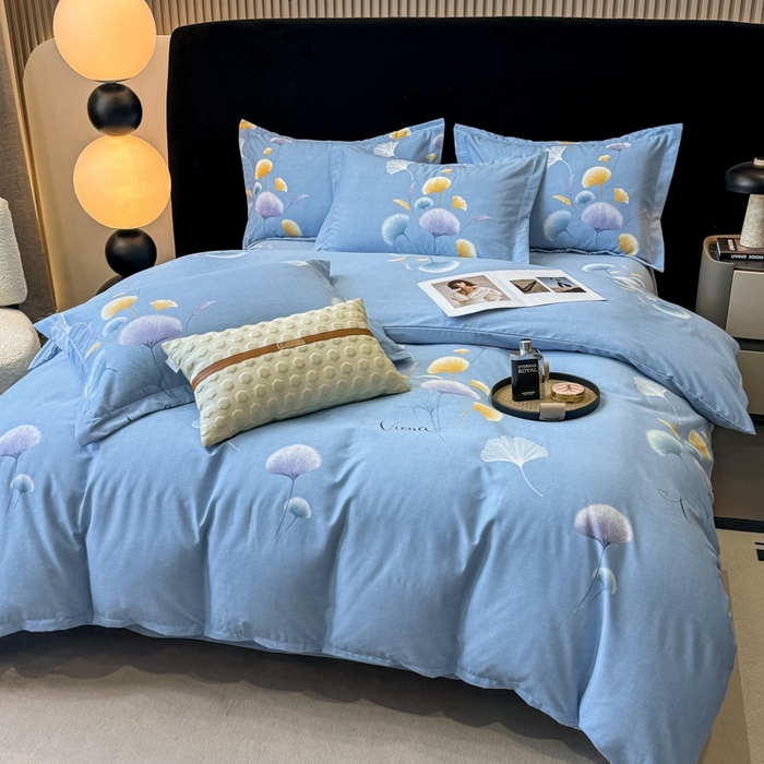 91家纺网 家纺一手货源 找家纺 昊翔家纺 2024新款全棉磨毛印花四件套 舒叶-蓝