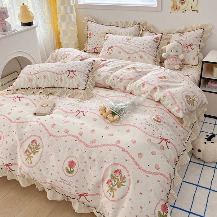91家纺网 家纺一手货源 找家纺 暖居 2024新款韩系全棉高温砂洗棉花床盖被套四件套纯棉床盖三件套 手捧花
