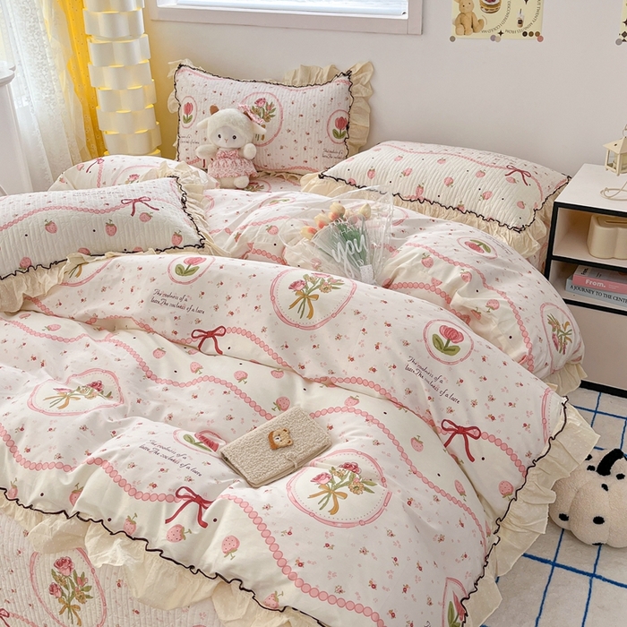 91家纺网 家纺一手货源 找家纺 暖居 2024新款韩系全棉高温砂洗棉花床盖被套四件套纯棉床盖三件套 手捧花