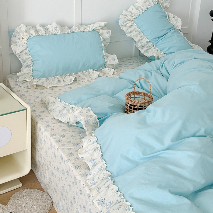 91家纺网 家纺一手货源 找家纺 昔可家纺 2024新款纯色碎花花边全棉小清新四件套 海蓝玫瑰