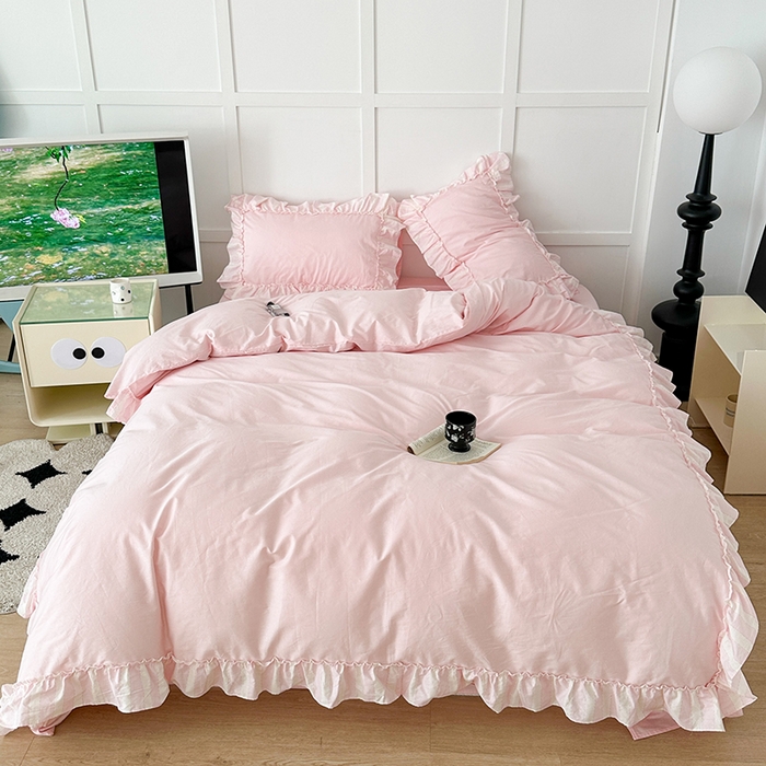 91家纺网 家纺一手货源 找家纺 昔可家纺 2024新款贴边纯色条纹四件套系列 芭蕾粉条