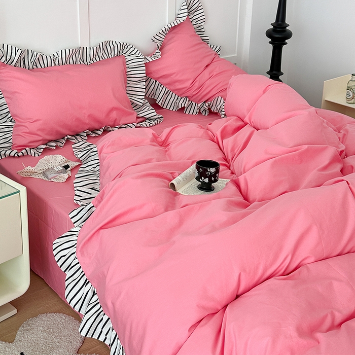 91家纺网 家纺一手货源 找家纺 昔可家纺 2024新款纯色亲肤条纹花边四件套 千禧黑条