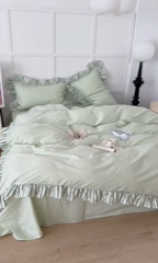 91家纺网 家纺一手货源 找家纺 昔可家纺 2024新款纯色亲肤条纹花边四件套 薄荷绿条